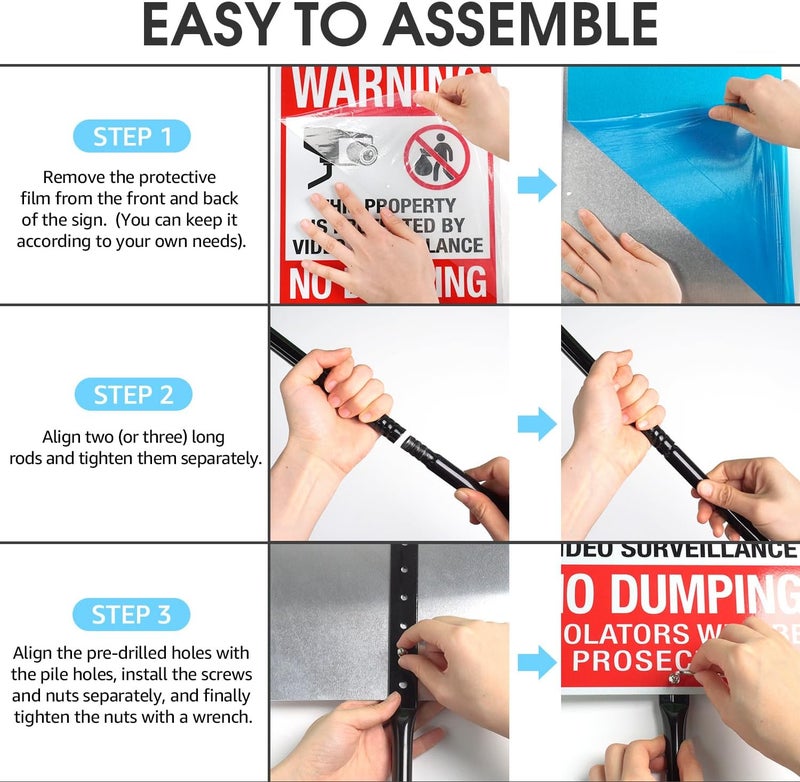 TR Large No Dumping Signs, Property Protected By Video Surveillance Sign with 54" Stake, Violators Will Be Prosecuted - 14"x10" .040 Rust Free Aluminum, Reflective, Waterproof and Fade Resistant, 2 pre-drilled holes, Includes Matching Screws & Wrench, Easy to Mount - Image 4